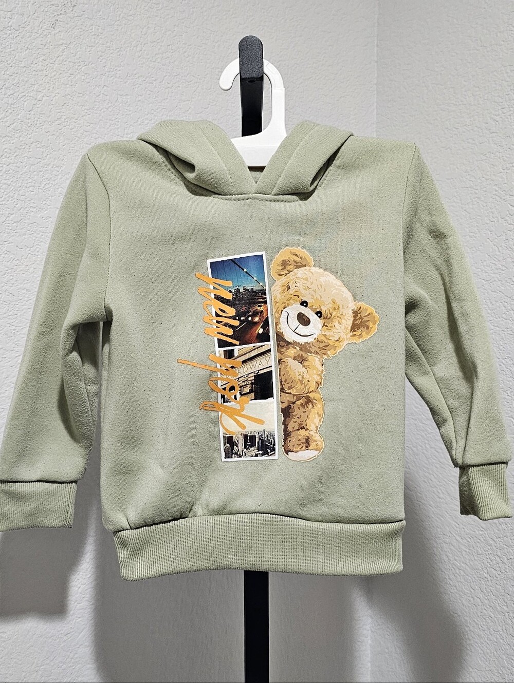 Kids Sage Green Teddy Graphic Hoodie